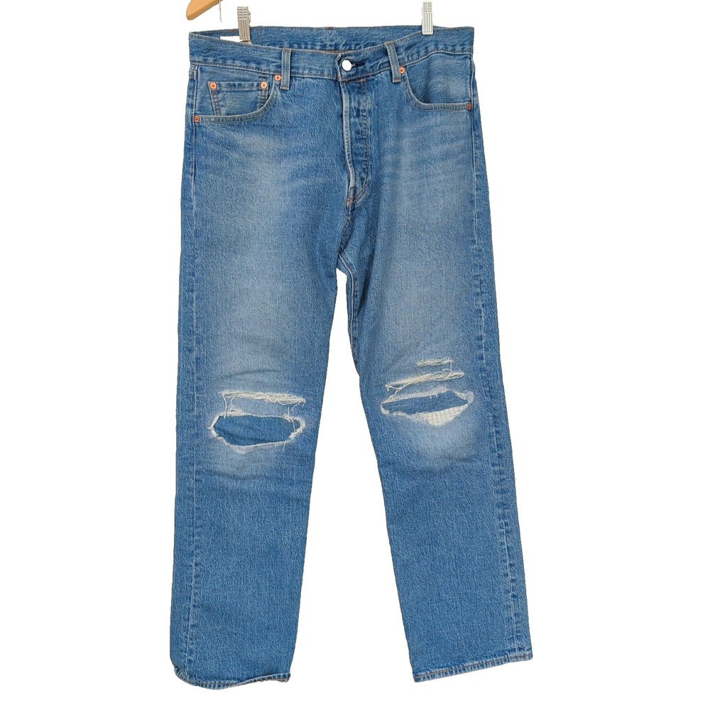 Levis 501 93 Jeans Mens 34x32 Blue Straight Fit Button Fly Distressed Retro